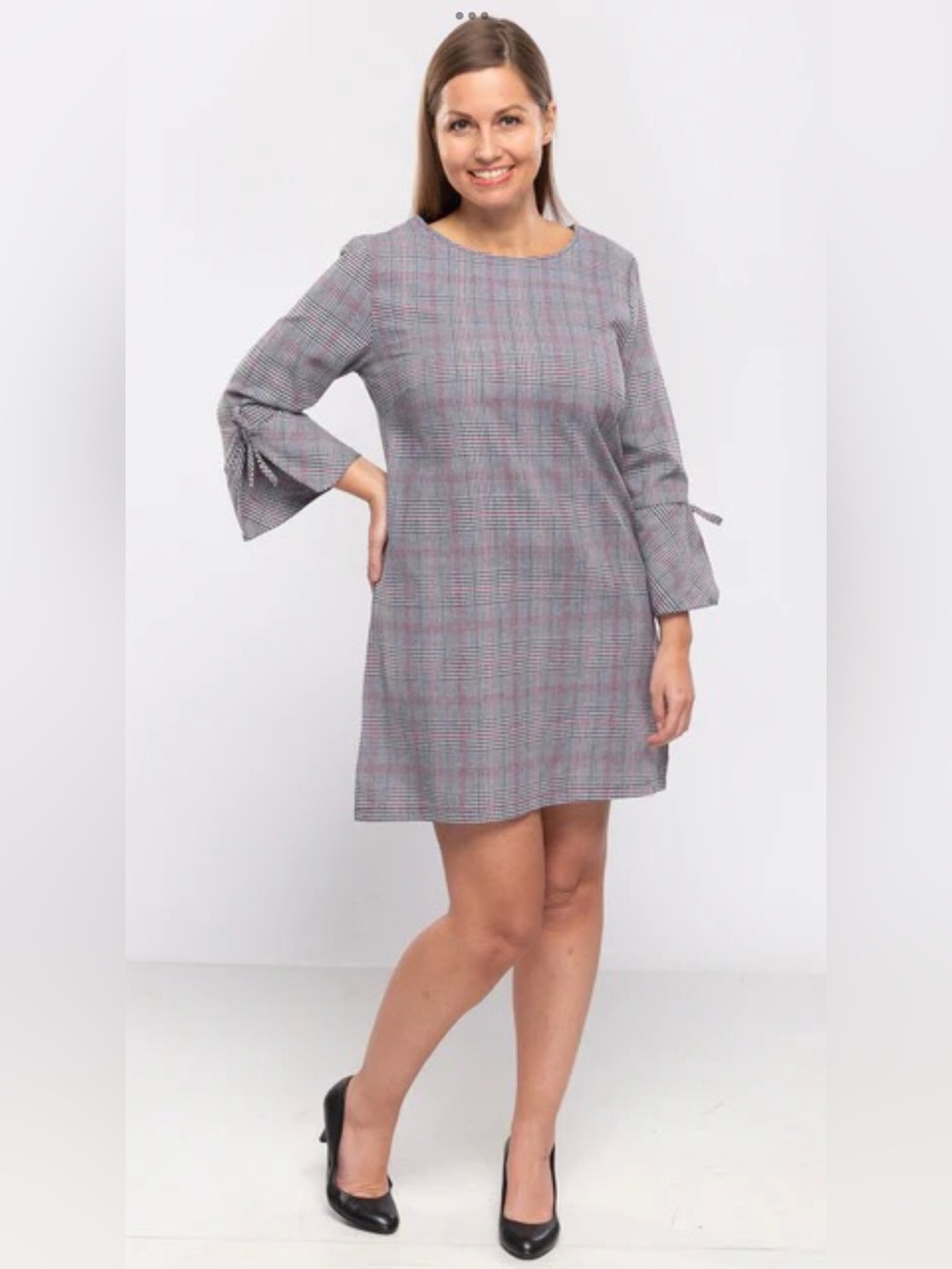 Classic Plaid Bell Sleeve Shift Dress with Tie Sleeve Detail